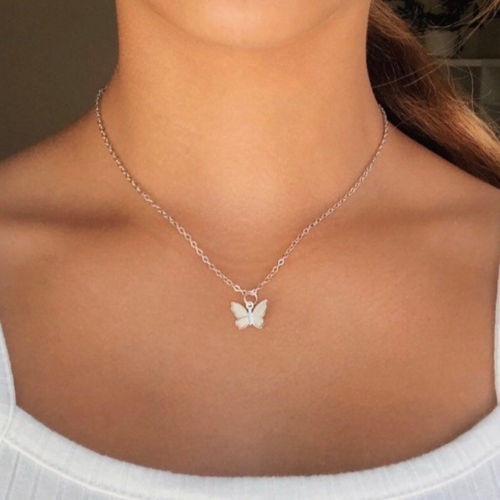 silver aesthetic butterfly necklace choker